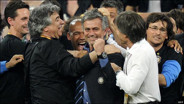 Inter Milan manager Jose Mourinho celebrates his side's Champions League final victory
