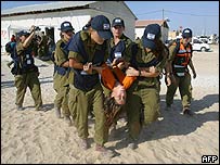 ماموران پليس اسرائيل در حال تخليه يک شهرک يهودی نشين