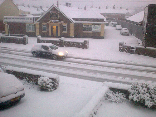 Snow outside Mold Ex Servicemen's Club