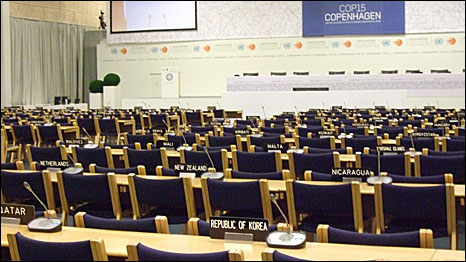 Empty chairs at the Bella Center