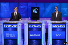 Contestants Ken Jennings (l), Watson and Brad Rutter competing on the TV show Jeopardy