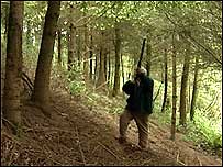 Man in woods with gun