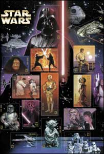 Selos americanos homenageando os filmes da série Guerra nas Estrelas (crédito: © 2007 USPS usado com permissão) 
