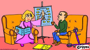 Crippen cartoon, showing a woman talking to a disabled man whilst consulting a textbook and pointing at a medical diagram