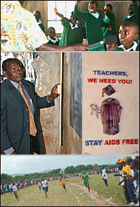 Clockwise from top: Mr Asante records his new class; An Aids awareness poster in Somanya school; Sports day in Somanya; The headmaster of Kerarapon Primary School 
