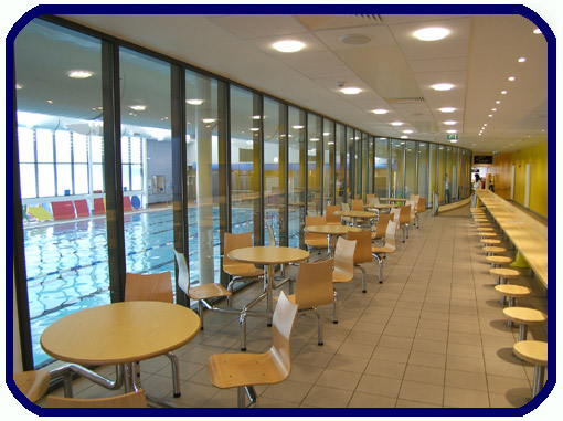 Cafe at Sports Centre, overlooking the swimming pool