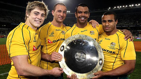 (From left) James O'Connor, Quade Cooper, Kurtley Beale and Will Genia celebrate Australia 41-39 victory over South Africa in Bloemfontein in this year's Tri-Nations