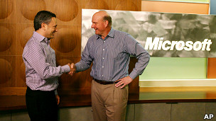 Yammer CEO David Sacks, left, and Microsoft CEO Steve Ballmer, right