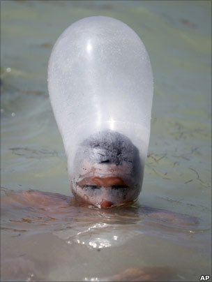 man swimming with condom inflated on his head