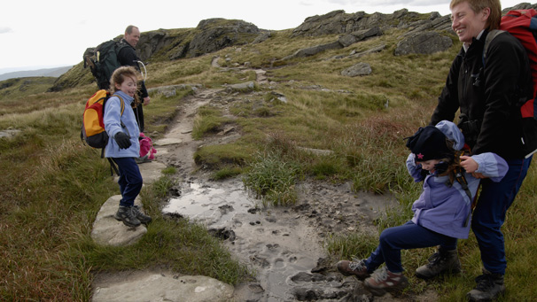 Family in muddy puddle