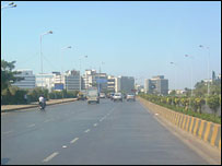 The Mumbai skyline rises up ahead