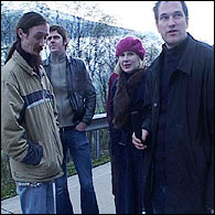 Austria: On the road, short of sleep. L - R: Stephen Westwater (bass), Louise Quinn (guitar and vocals), Alistair Quinn (drums and computer)