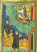 Medieval image depicting the death of St Cuthbert - his body was buried at Lindisfarne