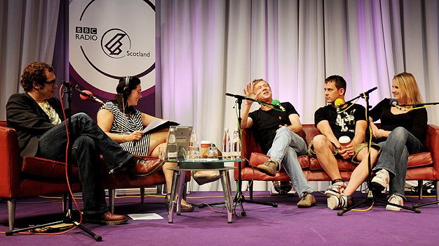 Bob Golding, star of 'Morecambe', a play about about Eric Morecambe, Clare English, Peter Duncan, Scott Mills and Scott's producer Rebecca Huxtable