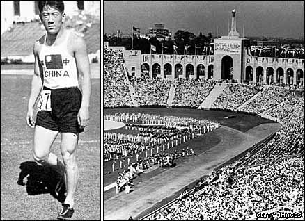 China's first Olympian Liu Changchun (left) and the 1932 Los Angeles Olympic Stadium 