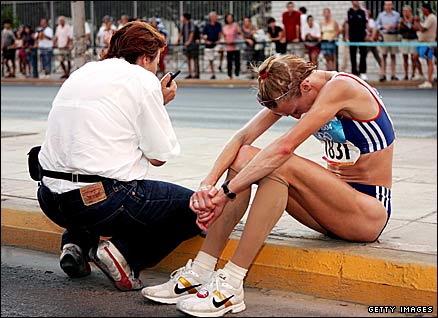 Paula Radcliffe after pulling out of the marathon at the 2004 Athens Olympic Games