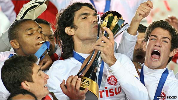Internacional celebrate their win in the Club World Cup over Barcelona