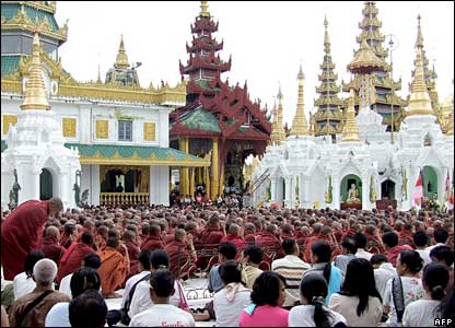 A Buddhist monk speaks with a megaphone in Rangoon.