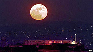 The moon over Alcatraz island, California