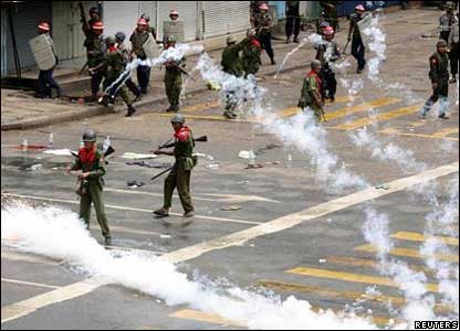 Burmese military using gas canisters.