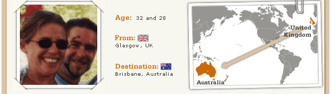 Age: 32 and 28, From: Glasgow, UK, Destination: Brisbane, Australia