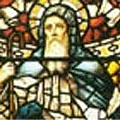 St. Giles, as he is depicted in a stained glass window of St. Giles' Cathedtal in Edinburgh (image courtesy of the cathedral website)