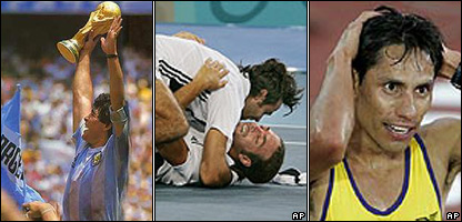 Fernando González y Nicolás Massú celebrando el oro en Atenas; Jefferson Pérez, campeón mundial de marcha; Maradona en el Mundial de 1986