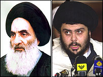 Ajatoláh Sistání a Muktada Sadr (vpravo)