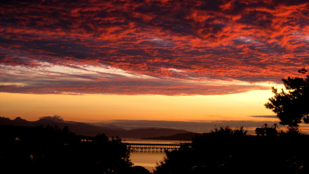 Sunset lights up a bank of mid-level cloud