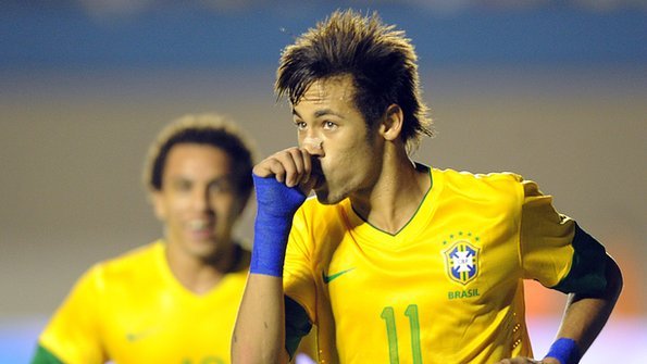 Brazil's Neymar celebrates a goal scored against Argentina