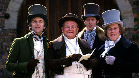 Jeremy Nicholas, Nigel Stock, Alan Parnaby and Clive Swift in the BBC's 1985 adaptation of Charles Dickens' novel The Pickwick Papers