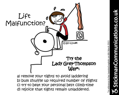 A stick figure with Tanni Grey-Thompson sits on some stairs, holding a wheelchair behind her and tights in front. Text says :