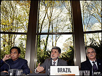 O ministro de Comércio e Indústria da Índia, Kamal Nath, o ministro Celso Amorim e o chanceler argentino Jorge Taiana