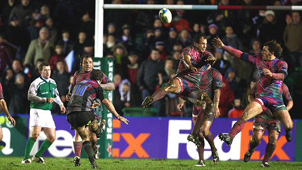 Harlequins fly-half Nick Evans lands the injury-time drop-goal that beat Stade Francais in a dramatic Heineken Cup pool match at The Stoop in December 2008