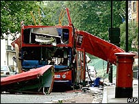 Bombed bus shown from front