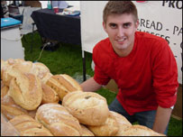 man with French bread