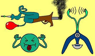 Strange Gun, Hypersonic Pliers and Common Sense Particle (clockwise from top)