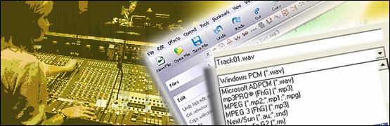 A woman working a radio desk, dropdown list with audio file options