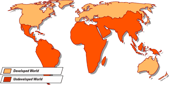 World map showing developed and developing countries