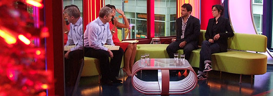 Sue Perkins and Giles Coren in the studio