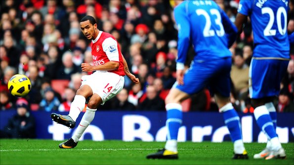 Theo Walcott scores a goal for Arsenal FC