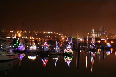 Christmas lights on boats in Scarborough Harbour