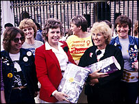 Anne Scargill, Betty Heathfield and other members of WAPC outside Buckingham Palace, August 1984