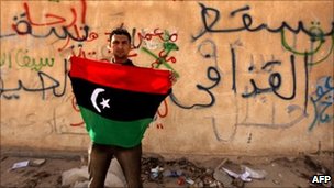 Man holding a Libyan flag next to a wall covered in graffiti