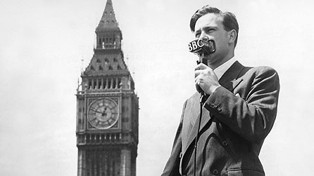 A recording being made for the BBC Yugoslav Section in front of Big Ben on Westminster Bridge