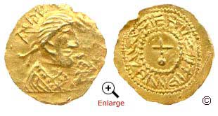 A gold shilling from the reign of Eadbald, King of Kent 616-40. Minted in London around 630. Obverse (left) and reverse (right).