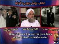 Imagens divulgadas junto com a gravação mostrando Zawahiri (centro) e Obama (esq.)