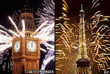 Big Ben, London, and the Eiffel Tower, Paris.