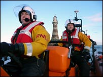 Martin and colleague Anthony Jobling at sea onboard Sunderland's RNLI Lifeboat. Photo: RNLI 