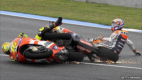 Stoner and Rossi collide in Jerez